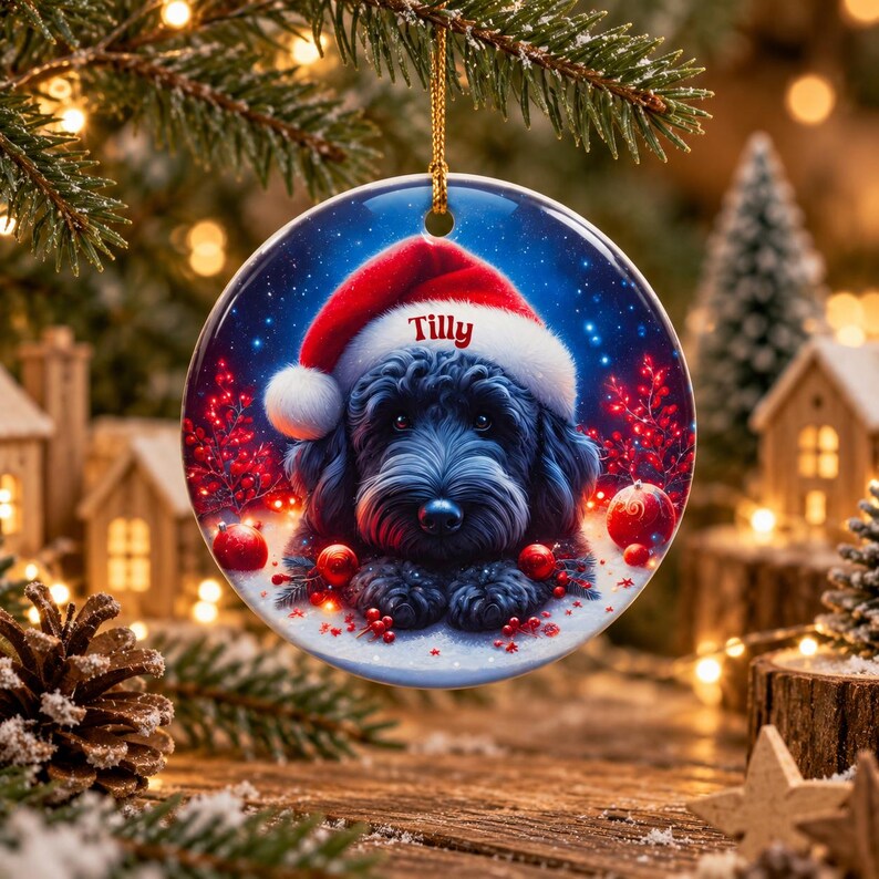 May include: A round ceramic Christmas ornament featuring a black dog wearing a red Santa hat with the name Tilly printed on the brim. The background shows a snowy scene with red berries and ornaments under a dark blue starry sky.