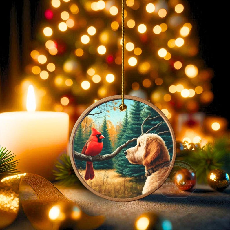 Ornamento de cerâmica com cardeal e cachorro Goldendoodle, estilo pintura a óleo. imagem 16