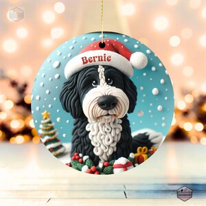 Cute clay style bernedoodle looking worried that Santa isnt coming.  Personalized bernedoodle ornament.