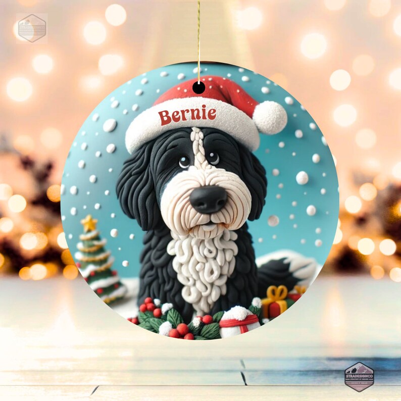 Cute clay style bernedoodle looking worried that Santa isnt coming.  Personalized bernedoodle ornament.