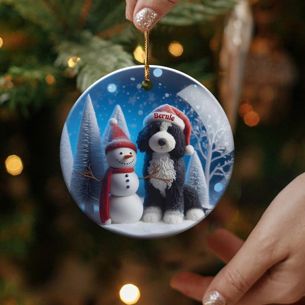 Bernedoodle With Snowman Ceramic Ornament - Personalized Two-Sided Christmas Keepsake