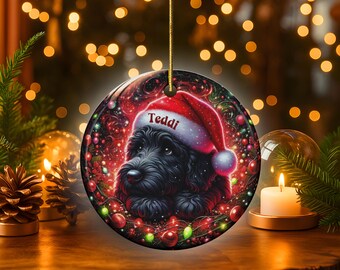 Black Doodle Dog Wearing a Santa Hat Christmas Ornament Two Sided Personalized Ceramic Ornament