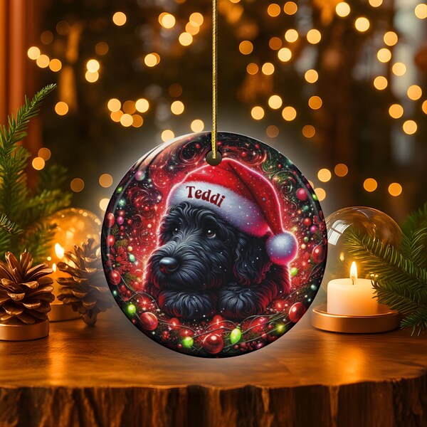 Black Doodle Dog Ornament, Personalized Pet Keepsake - Sublimation Ceramic - Two Sided Christmas Tree Decor, Custom Dog Name