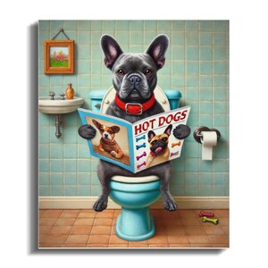 Lienzo con diseño de bulldog francés en el inodoro, decoración divertida para el baño, regalo para amantes de las mascotas. imagen 3