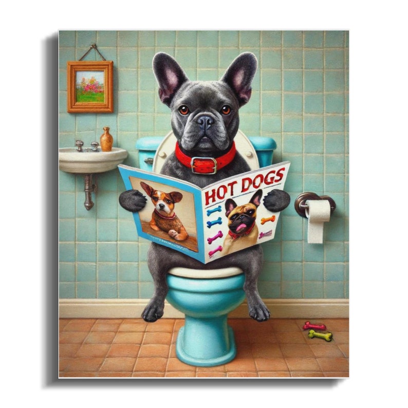 Lienzo con diseño de bulldog francés en el inodoro, decoración divertida para el baño, regalo para amantes de las mascotas. imagen 3