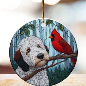 Cardinal and Goldendoodle Ceramic Ornament, Oil Paint Style Design, Cardinal Lovers Gift, Mothers Day, Bird Lover, Red Cardinal and Dog Gift
