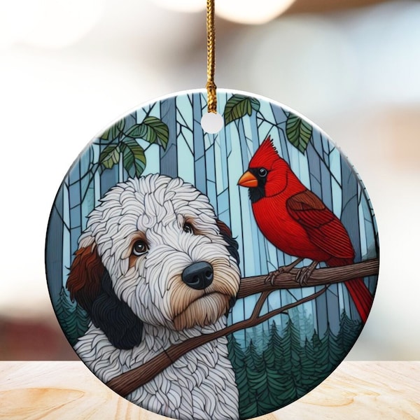 Cardinal and Doodle Dog Ceramic Ornament, Oil Paint Style Design, Cardinal Lovers Gift, Mothers Day, Bird Lovers, Custom Crafted Design Gift