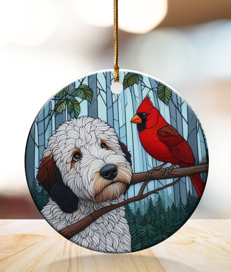 Cardinal and Goldendoodle Ceramic Ornament, Oil Paint Style Design, Cardinal Lovers Gift, Mothers Day, Bird Lover, Red Cardinal and Dog Gift