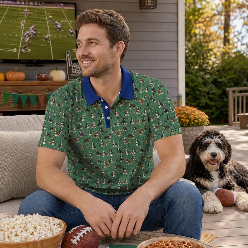 Green and Blue Football Themed Bernedoodle Polo - Dog Lover Polo Shirt image 16
