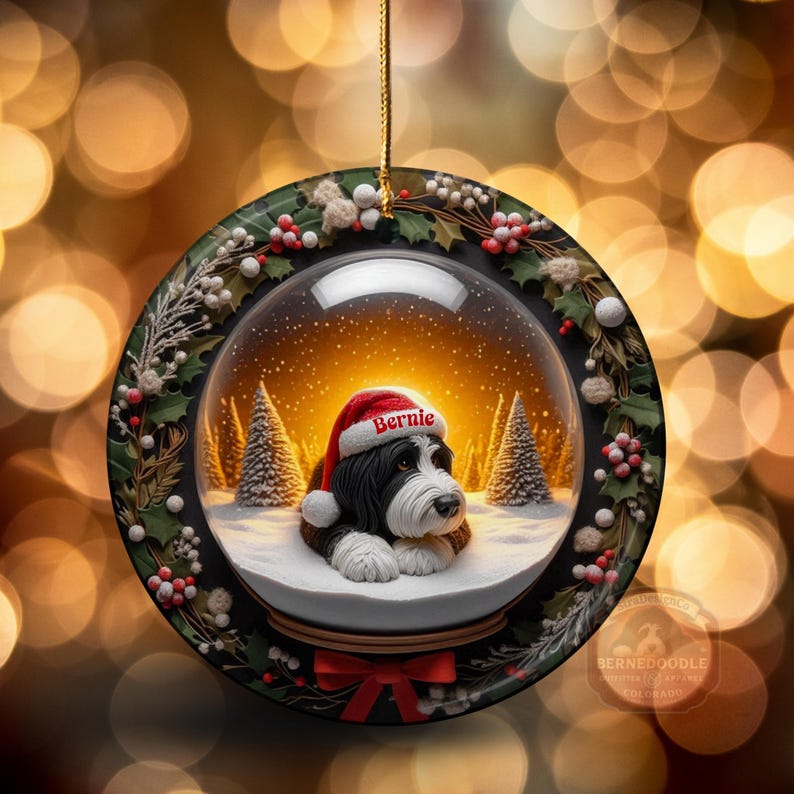 May include: A round Christmas ornament featuring a snow globe design with a black and white dog wearing a Santa hat with the name "Bernie". The ornament is decorated with holly and berries and has a red bow at the bottom.
