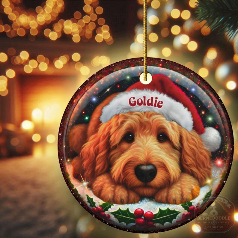 Ceramic golden doodle goldendoodle doodle dog ornament with impressive snow globe style design on both sides.  Excellent doodle mom gift.  Goldendoodle holiday heirloom gift and Christmas Tree Ornament!