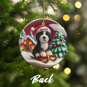 Custom Dog Ornament, Bernedoodle Sledding Keepsake | Sublimation Ceramic | 3 Inch Festive Decor, Santa Hat Doodle Gift image 5