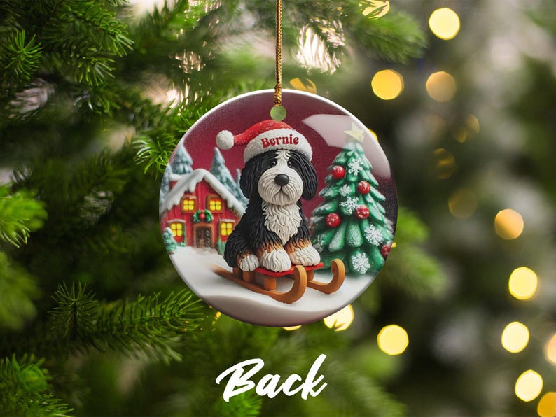 Custom Dog Ornament, Bernedoodle Sledding Keepsake | Sublimation Ceramic | 3 Inch Festive Decor, Santa Hat Doodle Gift image 5
