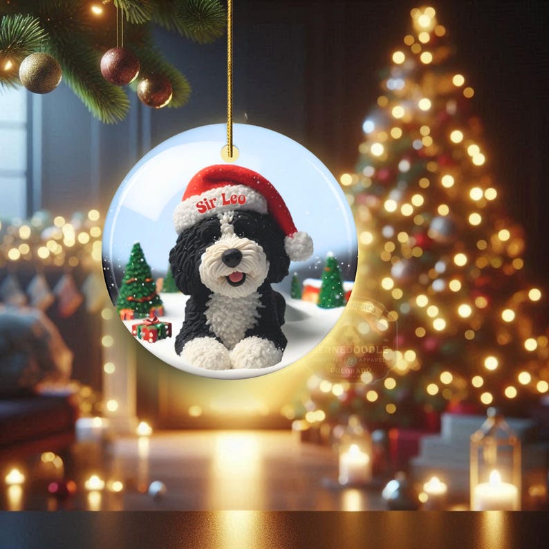 Bernedoodle Ornament, Personalized Ceramic Keepsake | Double Sided Sublimation | Custom Holiday Dog Name Decor image 14
