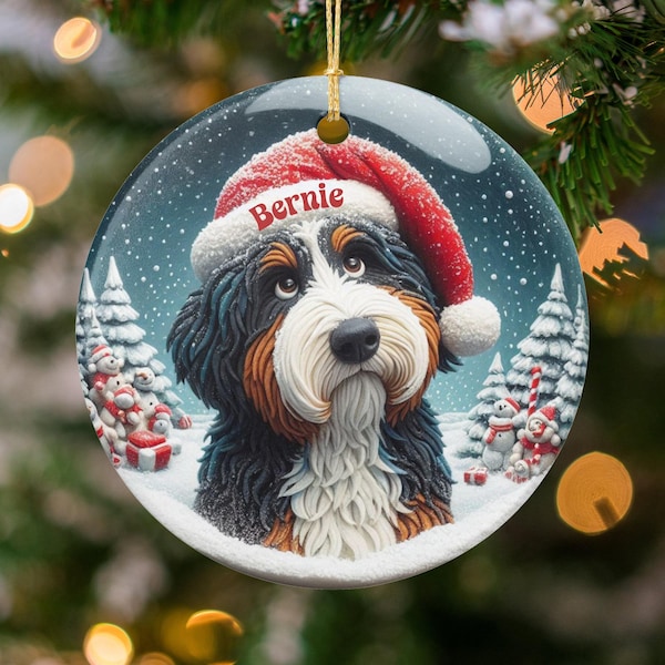 Personalized Bernedoodle Christmas Ornament: Santa Hat Dog Memorial