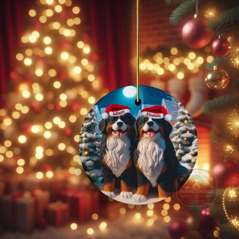 Op de afbeelding: Een ronde kerstversiering met twee Bernedoodle honden met kerstmutsen met de namen "Edison" en "Einstein". De honden staan tegen een besneeuwde wintersc&egrave;ne met kerstbomen. De versiering hangt aan een gouden draad.