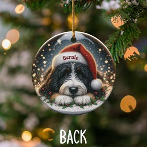 Custom Pet Ornament - Bernedoodle Santa Hat Pup, Two Sided Sublimation (3 Inch Round, Ceramic Keepsake) image 3