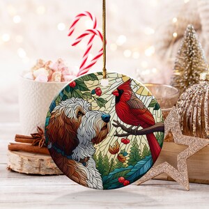 Doodle Dog and Cardinal Ceramic Ornament, Faux Stained Glass Design image 5