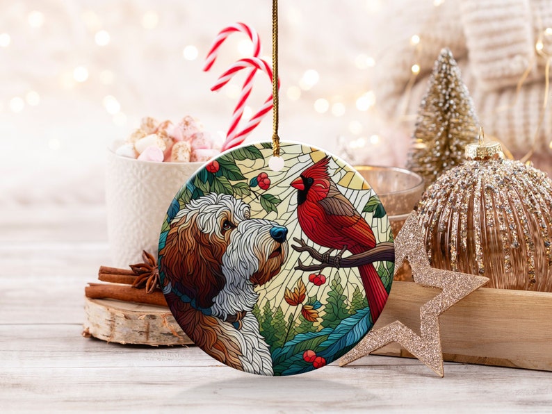 Doodle Dog and Cardinal Ceramic Ornament, Faux Stained Glass Design image 5