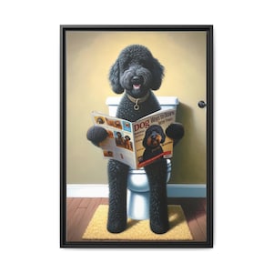 Funny Black Goldendoodle Toilet Canvas Print: Dog Reading Magazine Bathroom Art