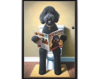 Funny Black Goldendoodle Toilet Canvas Print: Dog Reading Magazine Bathroom Art