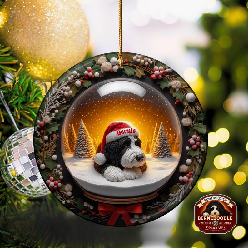 May include: A round Christmas ornament featuring a Bernedoodle dog wearing a Santa hat with the name "Bernie". The ornament is a snow globe design with a snowy scene and pine trees. The ornament is trimmed with holly and berries.