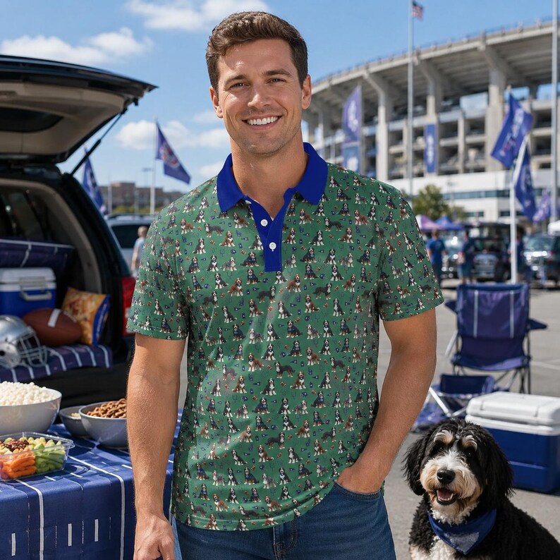 Green and Blue Football Themed Bernedoodle Polo - Dog Lover Polo Shirt image 10