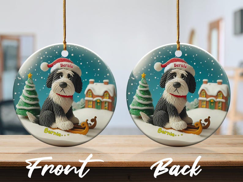 Festive Dog On, Bernedoodle Sledding Ornament | Ceramic Sublimation | 3 Inch Snow Globe Style Bild 7