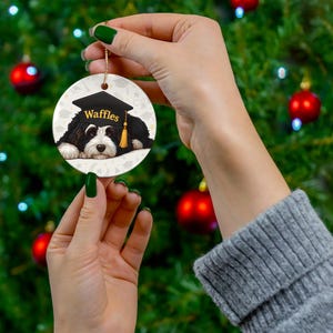 Bernedoodle Gift, Personalized Dog Graduation Ornament | Ceramic Sublimation Keepsake | Obedience School Milestone Decor image 3