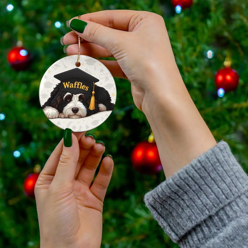 Bernedoodle Gift, Personalized Dog Graduation Ornament | Ceramic Sublimation Keepsake | Obedience School Milestone Decor image 3