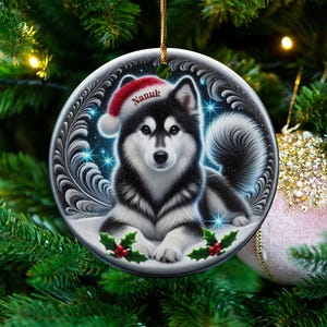 Black Husky Keepsake, Personalized Santa Hat Ornament | Sublimation Ceramic | 3 Inch Glossy Holiday Decor image 7