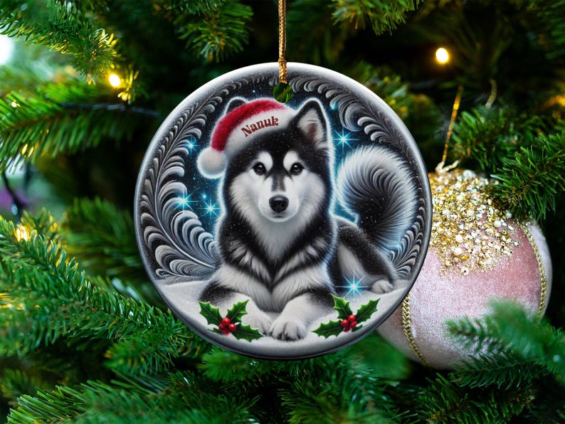 Black Husky Keepsake, Personalized Santa Hat Ornament | Sublimation Ceramic | 3 Inch Glossy Holiday Decor image 7
