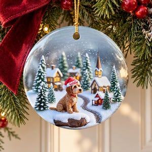 May include: A round ceramic Christmas ornament featuring a printed winter scene of a golden-colored dog wearing a red Santa hat with the name Goldie written on it, sitting in a snowy village landscape with pine trees and small houses.