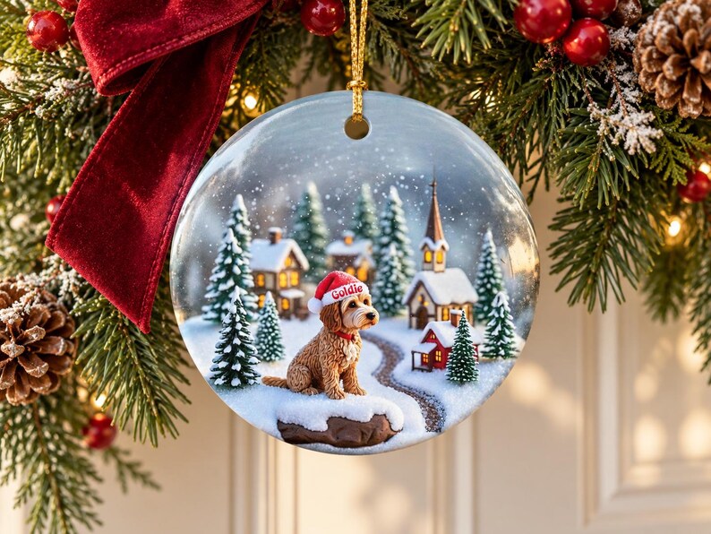 May include: A round ceramic Christmas ornament featuring a printed winter scene of a golden-colored dog wearing a red Santa hat with the name Goldie written on it, sitting in a snowy village landscape with pine trees and small houses.