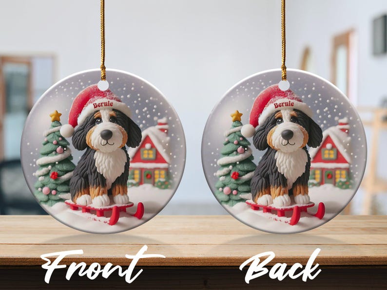 Bernedoodle-ornament, sneeuwbol-stijl met slee-ontwerp | Sublimatiekeramiek | 7,6 cm glanzend aandenken, dubbelzijdige kerstdecoratie afbeelding 8