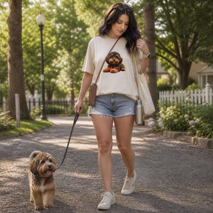 A woman wearing a white t-shirt with a dog graphic walks her small brown and white dog on a leash in a park.
