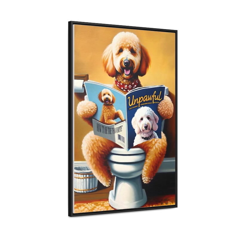 Goldendoodle Toilet Pet Portrait, Dog Reading Magazine, funny dog portrait, guest bathroom wall art, labradoodle lover gift, pet lover image 8