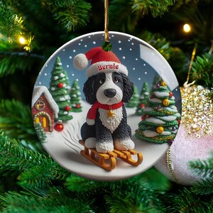 Bernedoodle Ornament, Festive Dog Sled - Snow Globe Style (3 Inch Ceramic, Sublimation) immagine 8