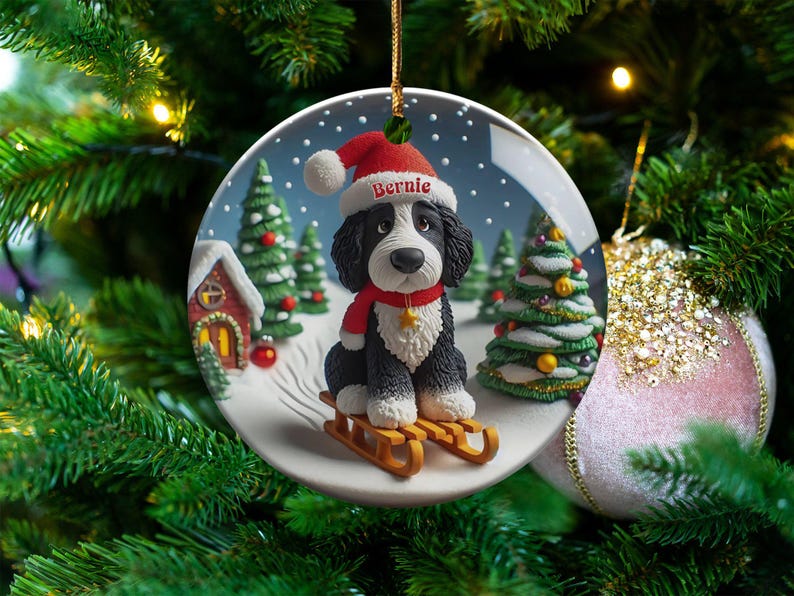 Bernedoodle Ornament, Festive Dog Sled - Snow Globe Style (3 Inch Ceramic, Sublimation) immagine 8