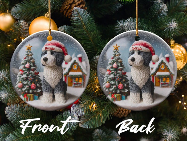 Dog Ceramic Ornament, Sheepadoodle Keepsake - Sublimation Art | Festive Dog Decor, Double Sided Artwork | 3 Inch Christmas Gift image 6