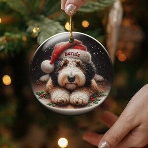 Dog Ornament Santa, Ceramic Bernedoodle Keepsake | Glossy Sublimation - 3 Inch Festive Pet Decoration | Gold String Hanger image 7