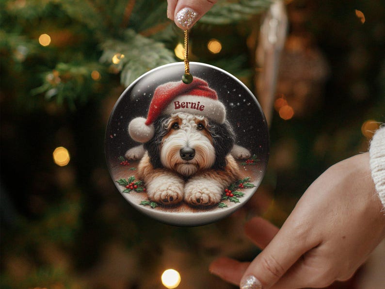 Dog Ornament Santa, Ceramic Bernedoodle Keepsake | Glossy Sublimation - 3 Inch Festive Pet Decoration | Gold String Hanger image 7