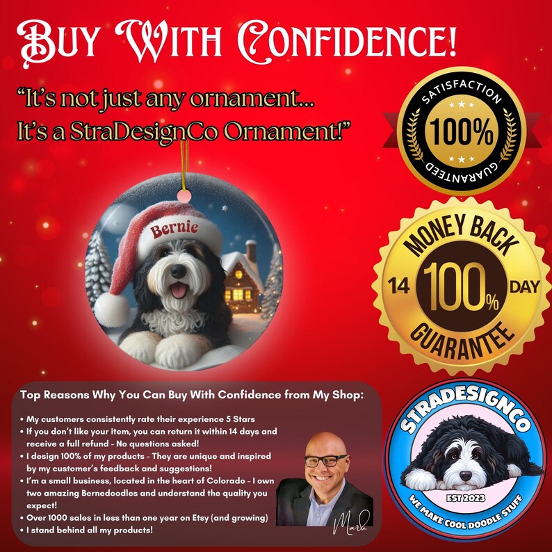 Individuell gestalteter Hunde-Ornament Bernedoodle, Weihnachtsmannmütze, festliches Erinnerungsstück (beidseitiger Sublimationsdruck, Keramik) Bild 2