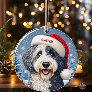 Merle Bernedoodle Ceramic Ornament, showcasing stunning blue eyes. Personalized ornament with your dogs name