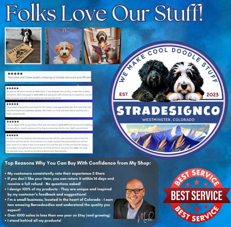 May include: An advertisement for Stradesignco, a shop selling doodle-themed products. The image includes a welcome mat, t-shirts, and a shop logo. The shop is based in Westminster, Colorado, and offers unique designs.