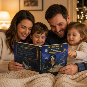 Pu&ograve; includere: Un libro per bambini con copertina rigida intitolato Bernie and the Star That Lost Its Way, che raffigura un cucciolo bianco e nero con una bandana gialla sulla copertina, su uno sfondo di cielo notturno blu scuro con un sentiero luminoso.