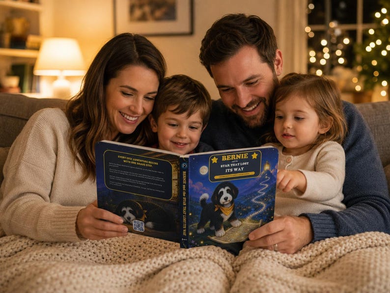 Pu&ograve; includere: Un libro per bambini con copertina rigida intitolato Bernie and the Star That Lost Its Way, che raffigura un cucciolo bianco e nero con una bandana gialla sulla copertina, su uno sfondo di cielo notturno blu scuro con un sentiero luminoso.