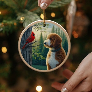 Cardinal and Goldendoodle Ceramic Ornament, Oil Paint Style Design, Cardinal Lovers Gift, Mothers Day, Bird Lovers, Doodle Dog Mom Gifts
