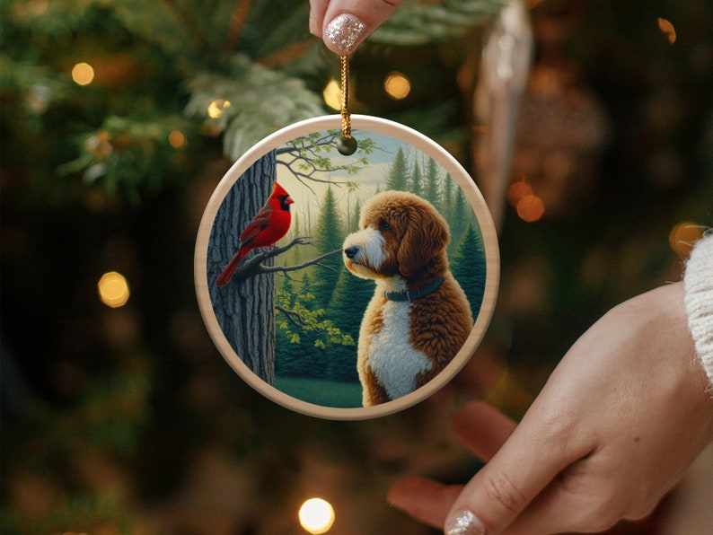 Cardinal and Goldendoodle Ceramic Ornament, Oil Paint Style Design, Cardinal Lovers Gift, Mothers Day, Bird Lovers, Doodle Dog Mom Gifts
