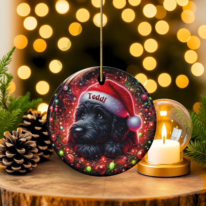 May include: A round Christmas ornament featuring a black dog wearing a Santa hat with the name "Teddi" on it. The ornament has a festive design with red and green accents, and a gold string for hanging.